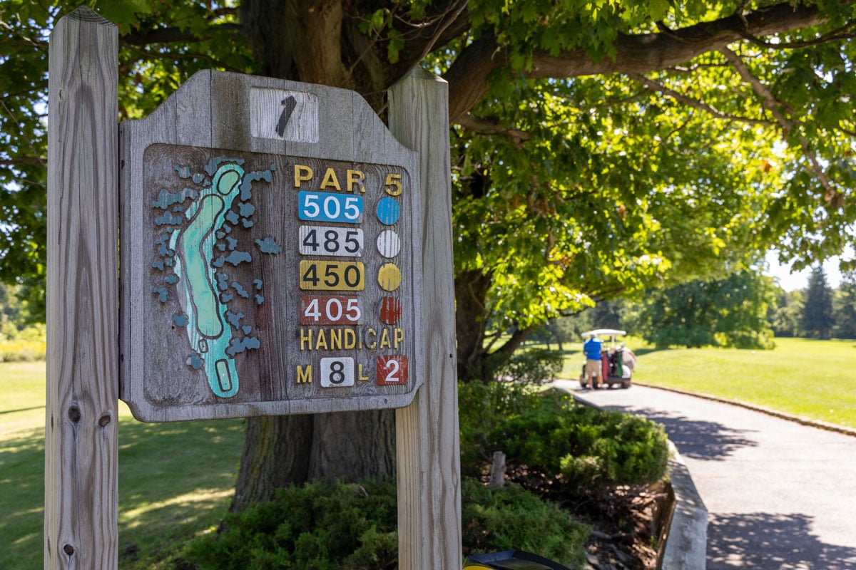 A wooden sign on a golf course showing yardage and handicap information for a hole. Golfers in the background.