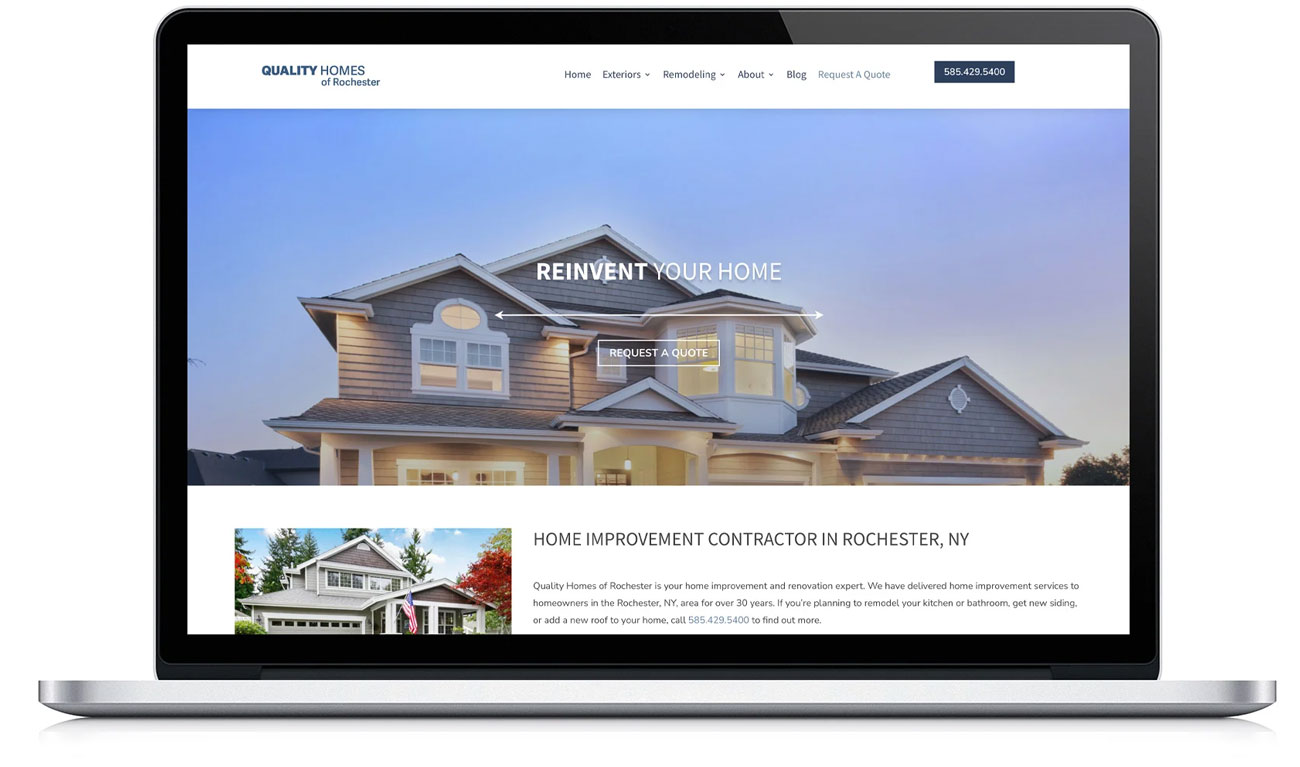 laptop showing a home improvement contractor's website on screen. The website features a house with a roof.