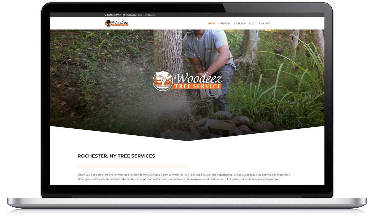 Laptop displaying a website about bush whacking services. A person is shown cutting bushes.