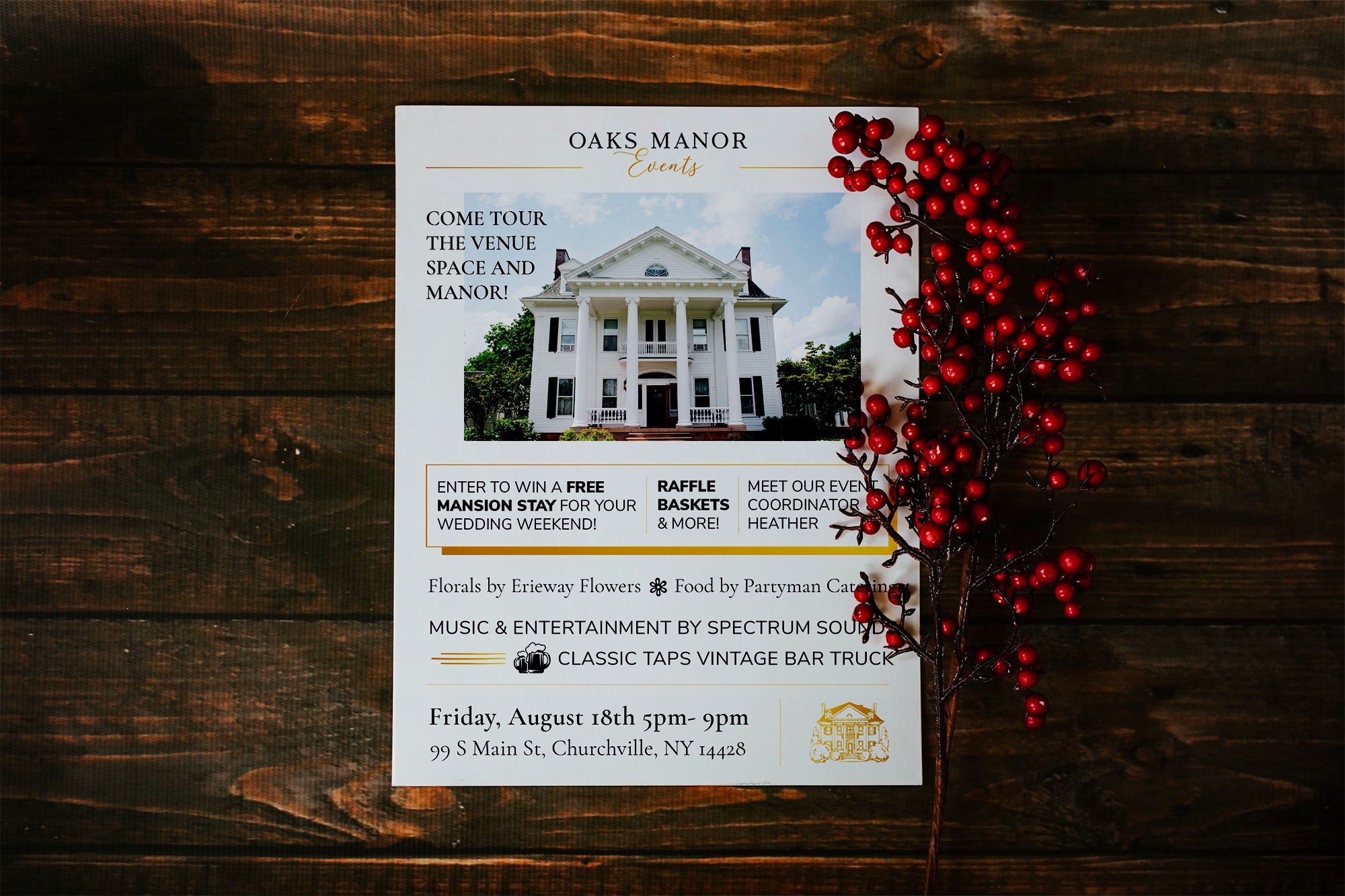 An invitation to an event at Oaks Manor with a photo of the manor and a sprig of red berries. The event details are listed on the invitation.