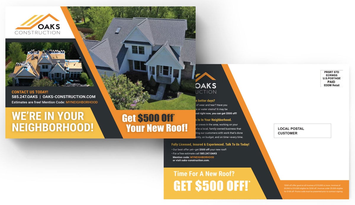 A postcard with a house on it. Get 0 off a new roof with Oaks Roofing.