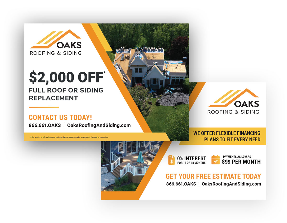 A flyer for Oaks Roofing and Siding with a discount offer of $2000 off full roof or siding replacement. Contact information is provided.