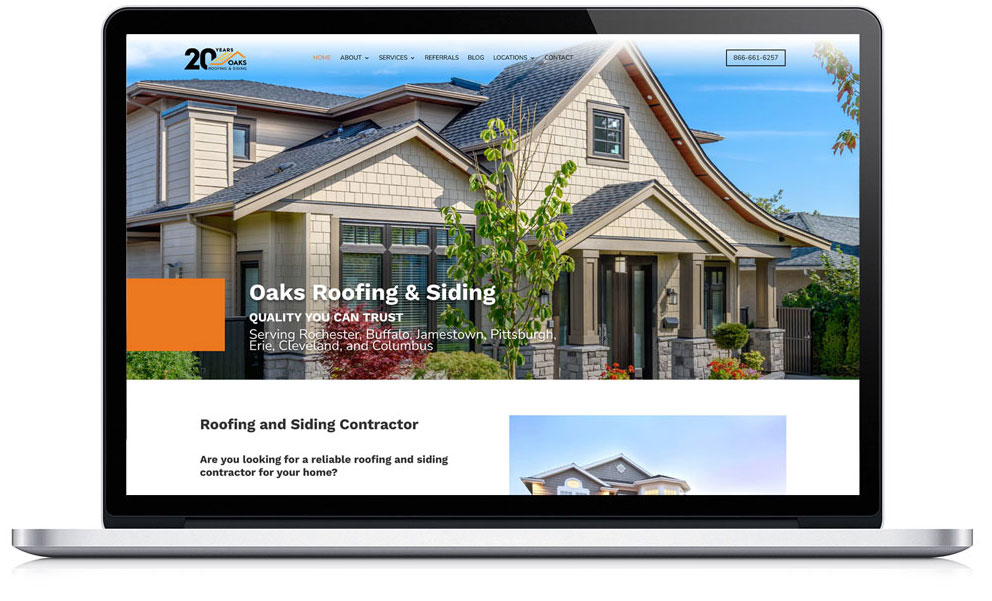 A laptop displaying a website for roofing and siding services. The website features a house with a new roof and siding.