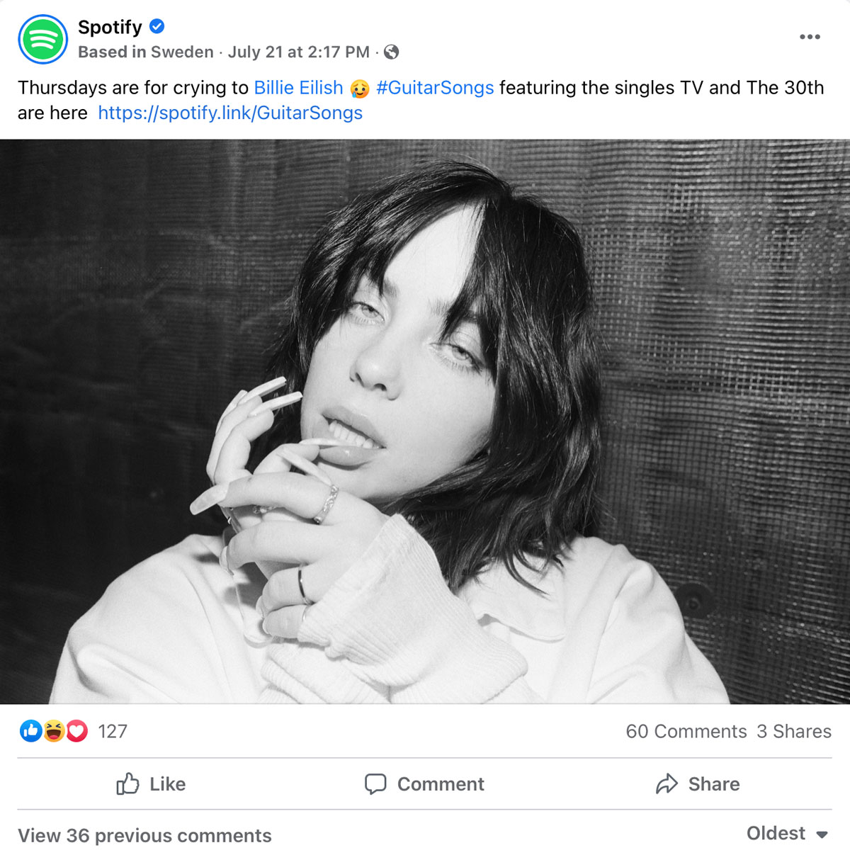 Billie Eilish in black and white photo on Spotify