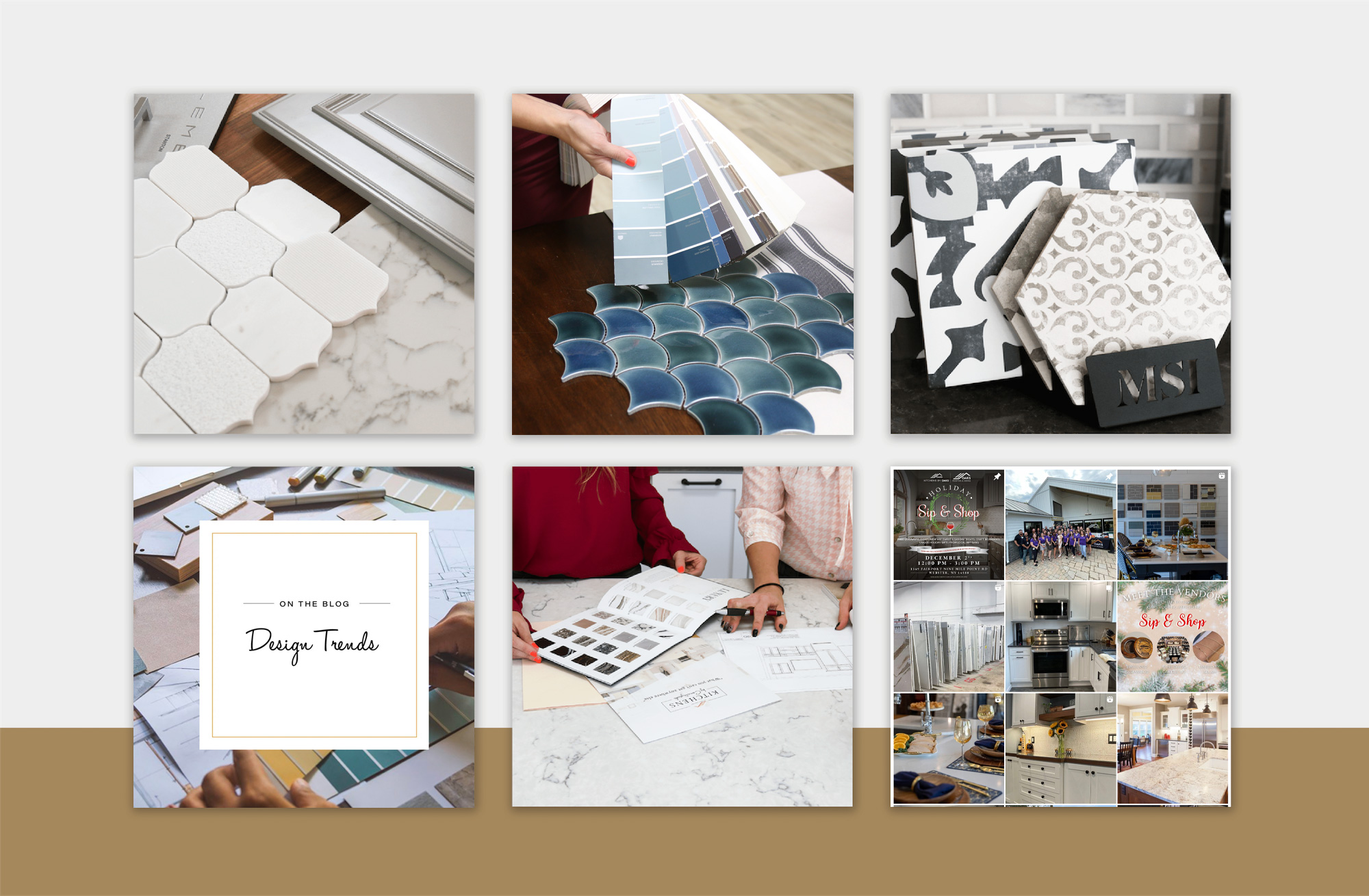 A selection of tiles in different patterns and colors. Tiles are being handled and arranged.