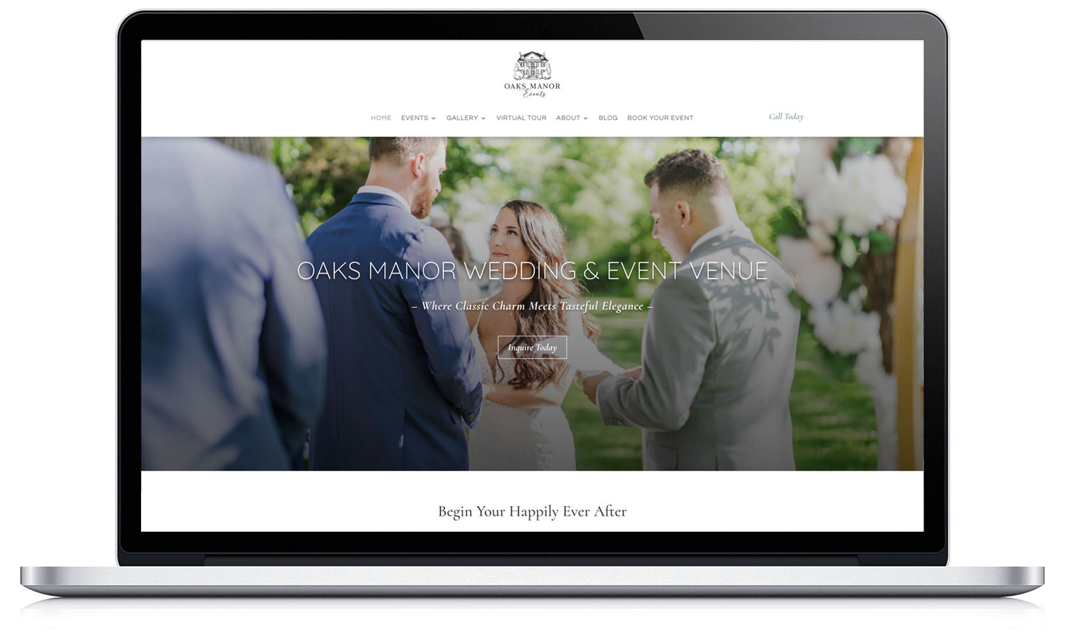 Laptop showing a wedding photo of a couple and guest.